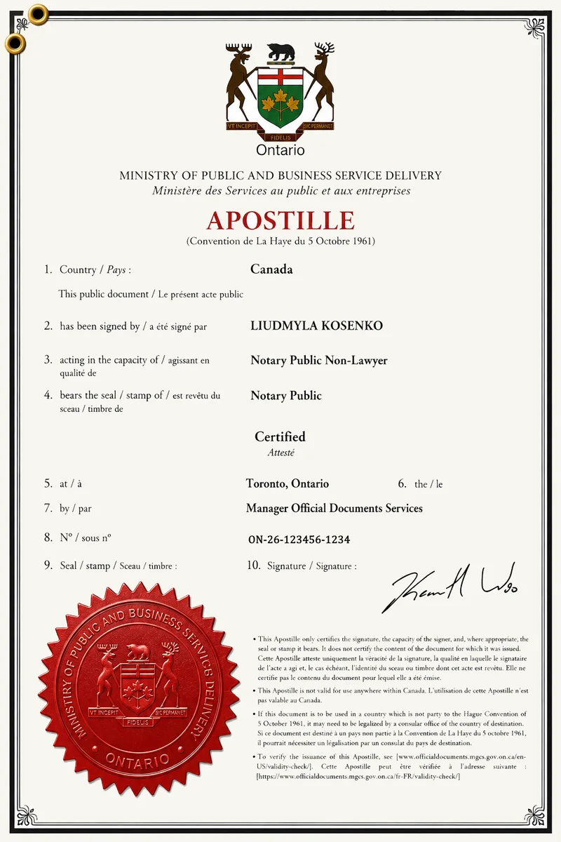 Sample of a completed Ontario apostille certificate