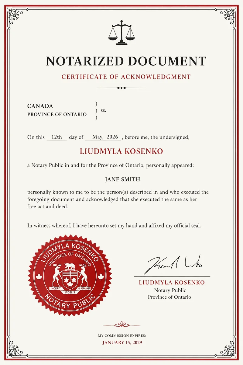 Sample notarized document with an Ontario notary seal